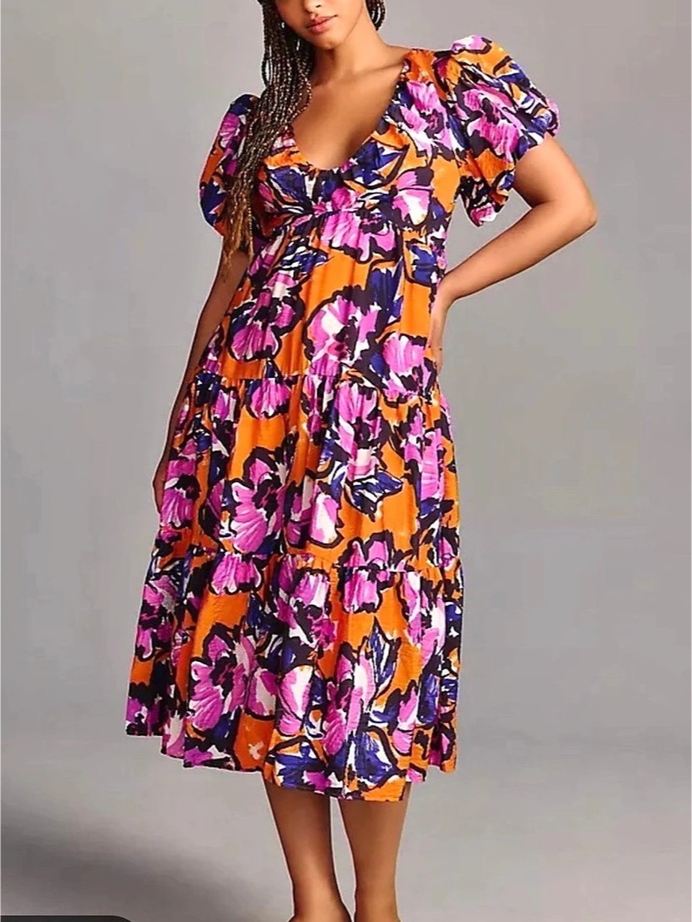 Anthropologie Floral Midi Dress in Orange & Purple XL Like New
